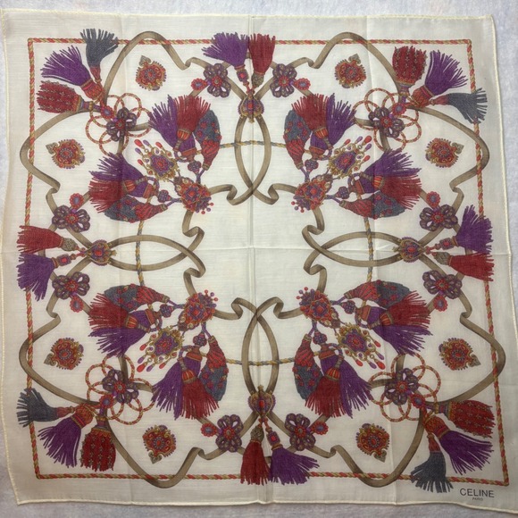 Celine Accessories - VTG CELINE Scarf Handkerchief Tassel Rope Cotton White Purple 19"